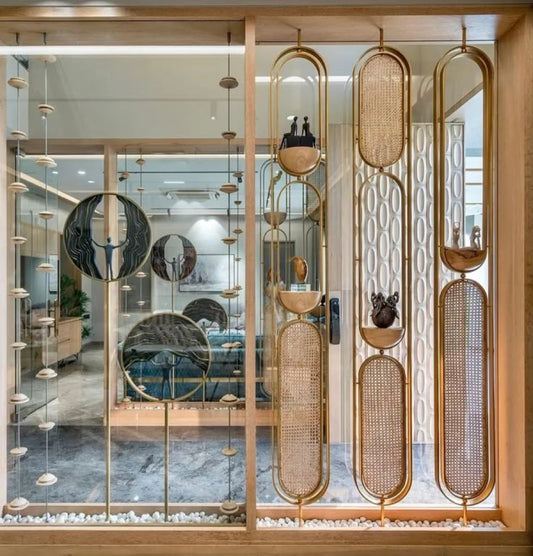 Stylish Gold & Wood Partition with Decorative Elements