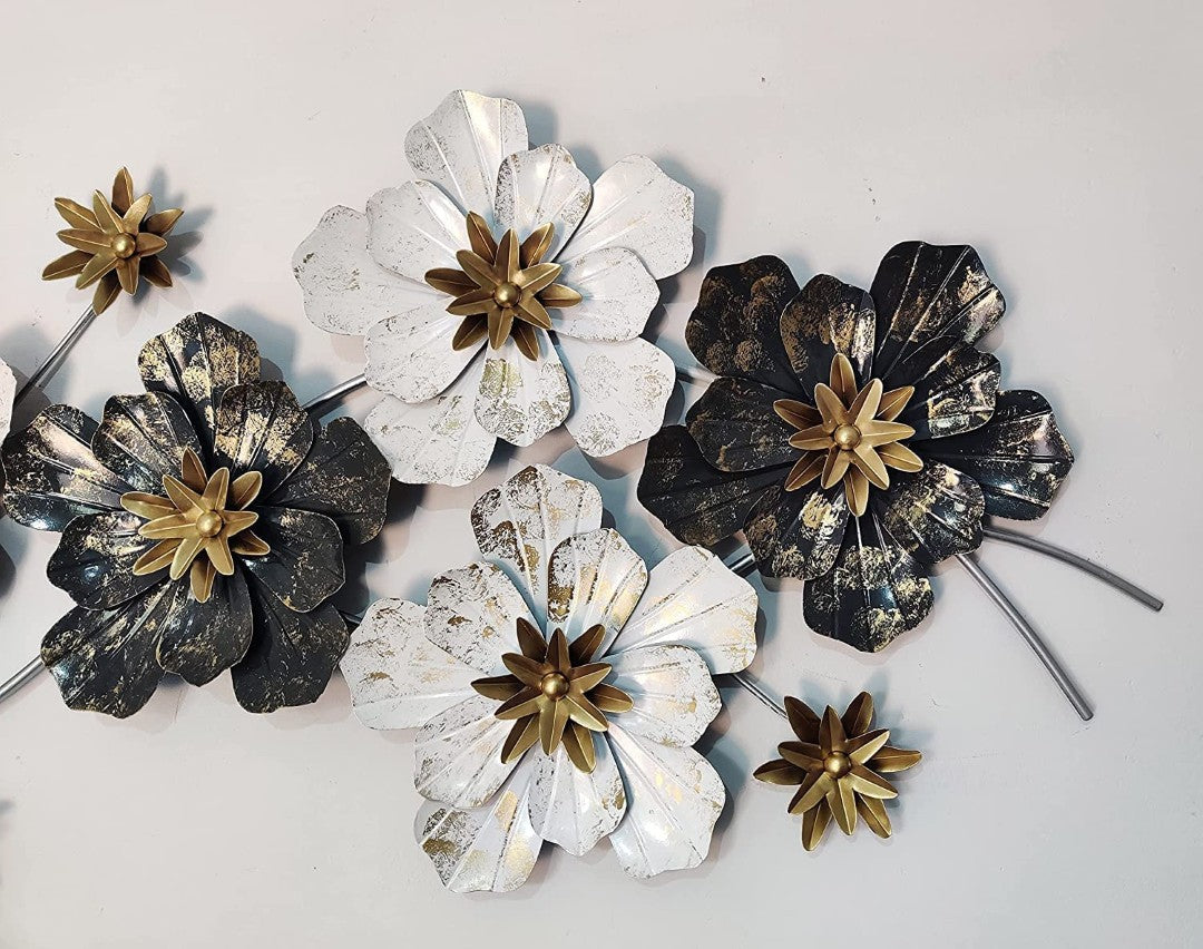 Luxury 3D Metal Floral Wall Art – Black & White Flowers with Golden Accents