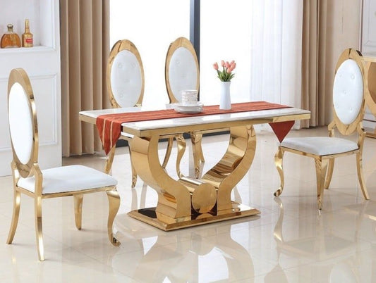 Luxurious Gold and White Dining Set with Marble Top