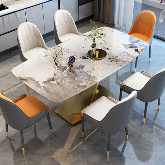 Luxury Marble Dining Table with Golden V-Base & Multi-Color Chairs (6-Seater)