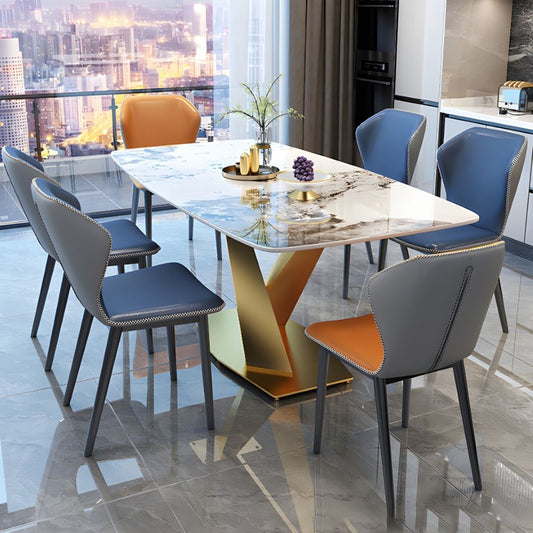 Luxury Marble Dining Table with Golden V-Base & Multi-Color Chairs (6-Seater)
