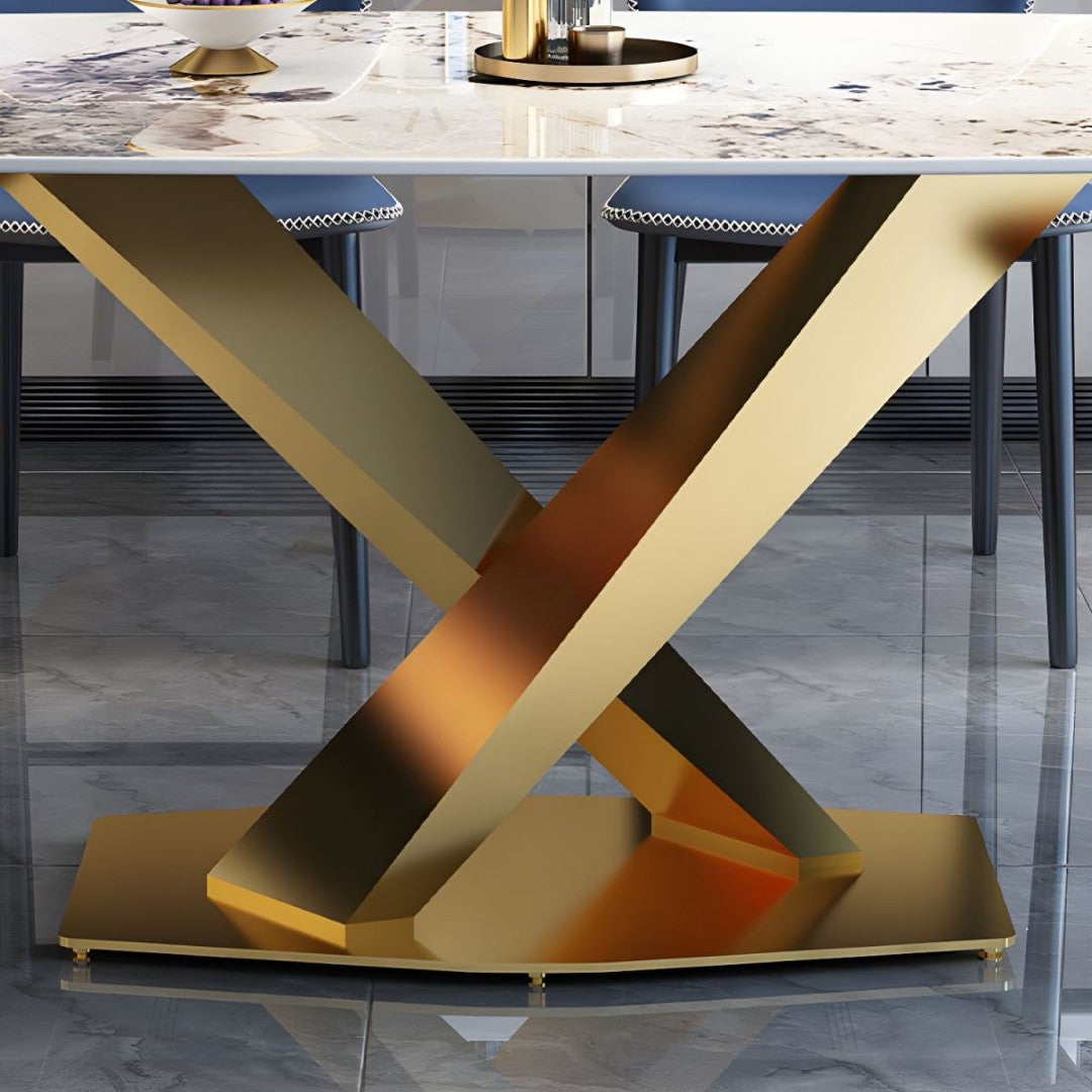 Luxury Marble Dining Table with Golden V-Base & Multi-Color Chairs (6-Seater)