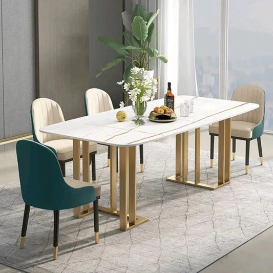 White Marble Dining Table with Golden Stainless Steel Base & Modern Cushioned Chairs (6-Seater)