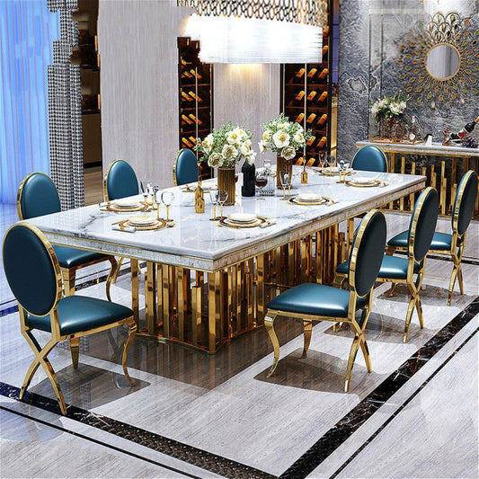 Luxury 8-Seater Marble Dining Table with Golden Stainless Steel Base & Oval Back Chairs
