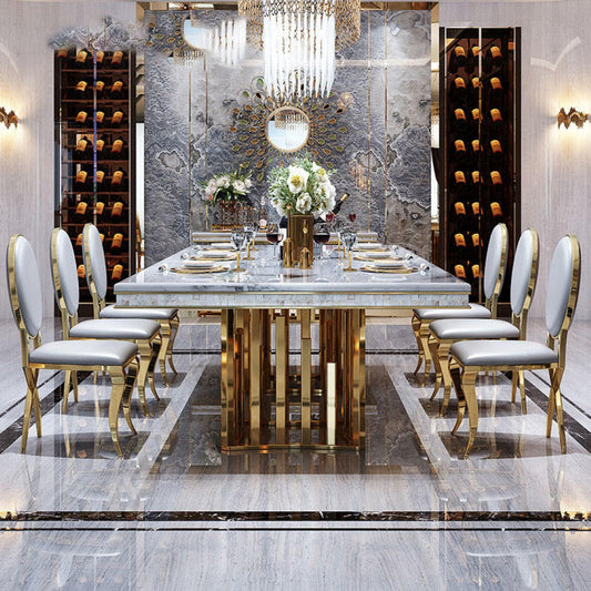Luxury 8-Seater Marble Dining Table with Golden Stainless Steel Base & Oval Back Chairs