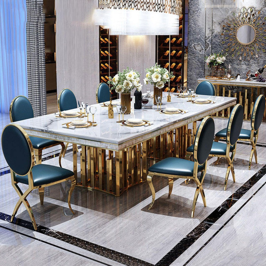 Luxury 8-Seater Marble Dining Table with Golden Stainless Steel Base & Oval Back Chairs