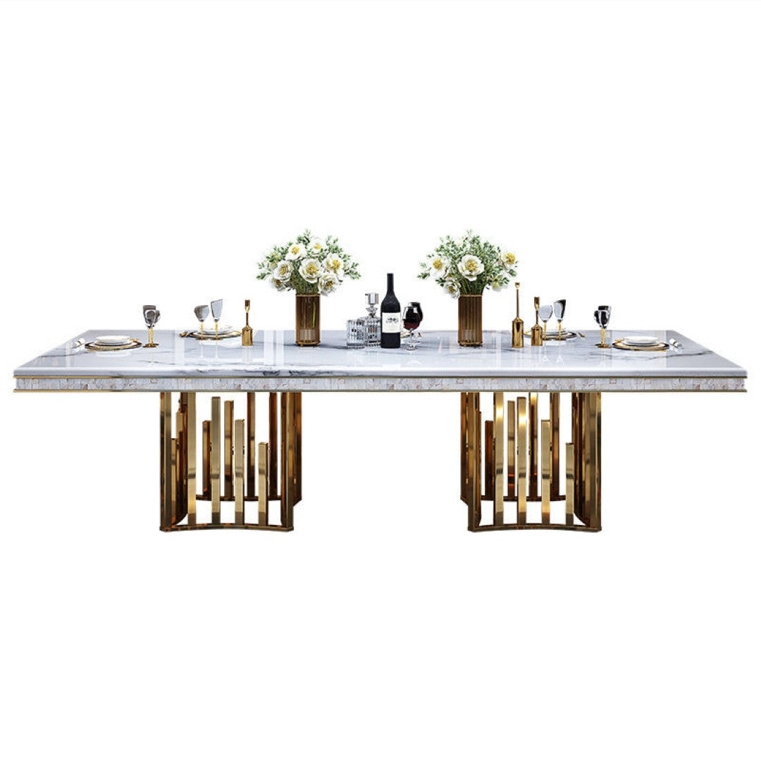 Luxury 8-Seater Marble Dining Table with Golden Stainless Steel Base & Oval Back Chairs
