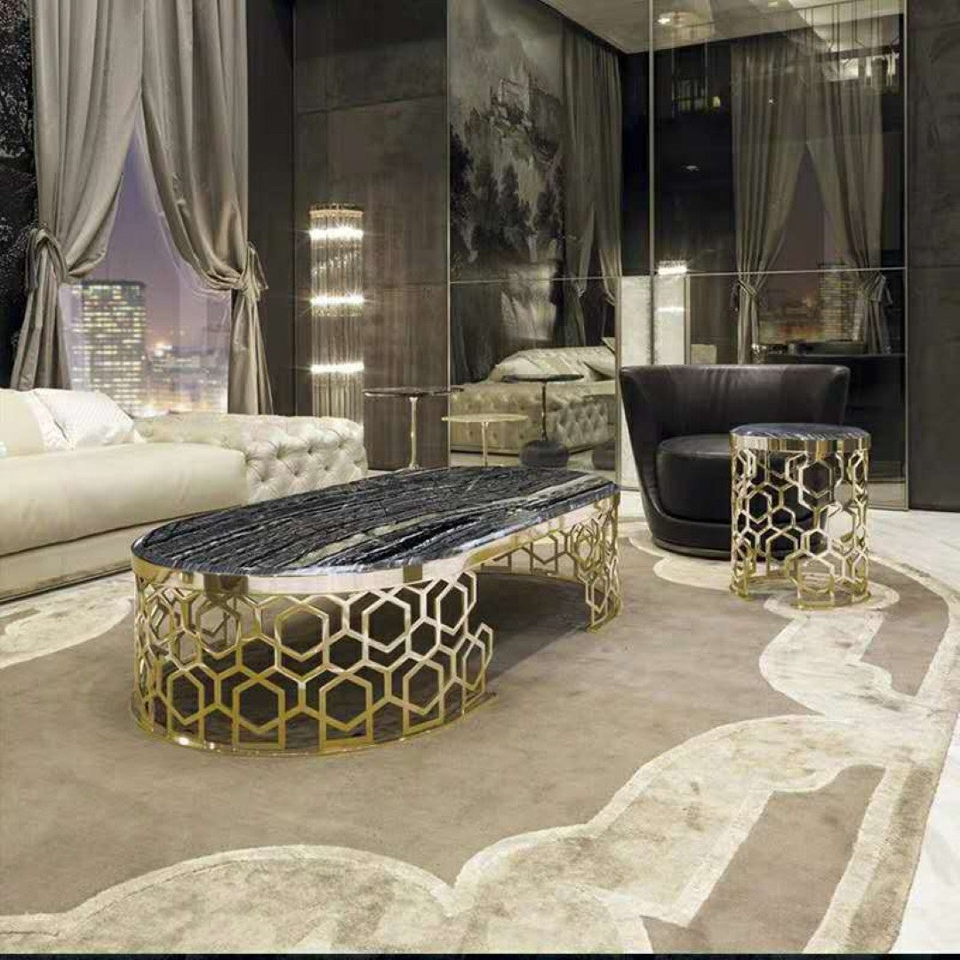 Luxury Black Marble Coffee Table with Golden Geometric Metal Base