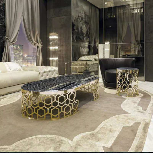 Luxury Black Marble Coffee Table with Golden Geometric Metal Base