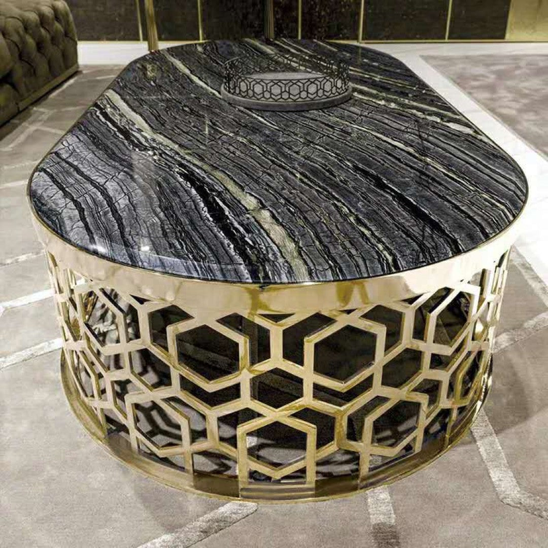 Luxury Black Marble Coffee Table with Golden Geometric Metal Base