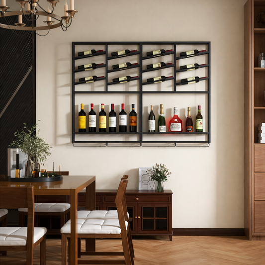 Modern Industrial Wall-Mounted Wine Rack & Bar Shelf (Black Metal)
