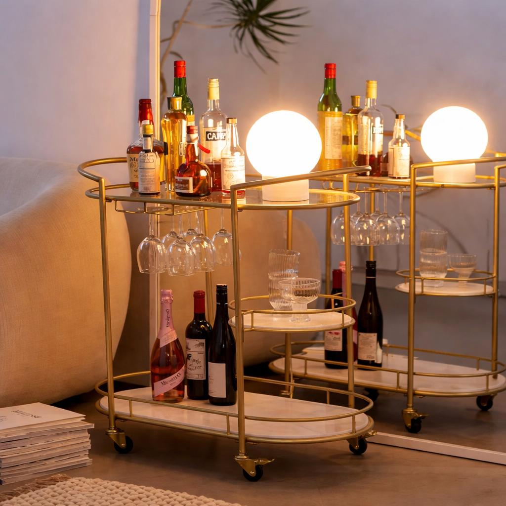 Luxury Gold Rolling Bar Cart with Marble Shelves & Glass Holder