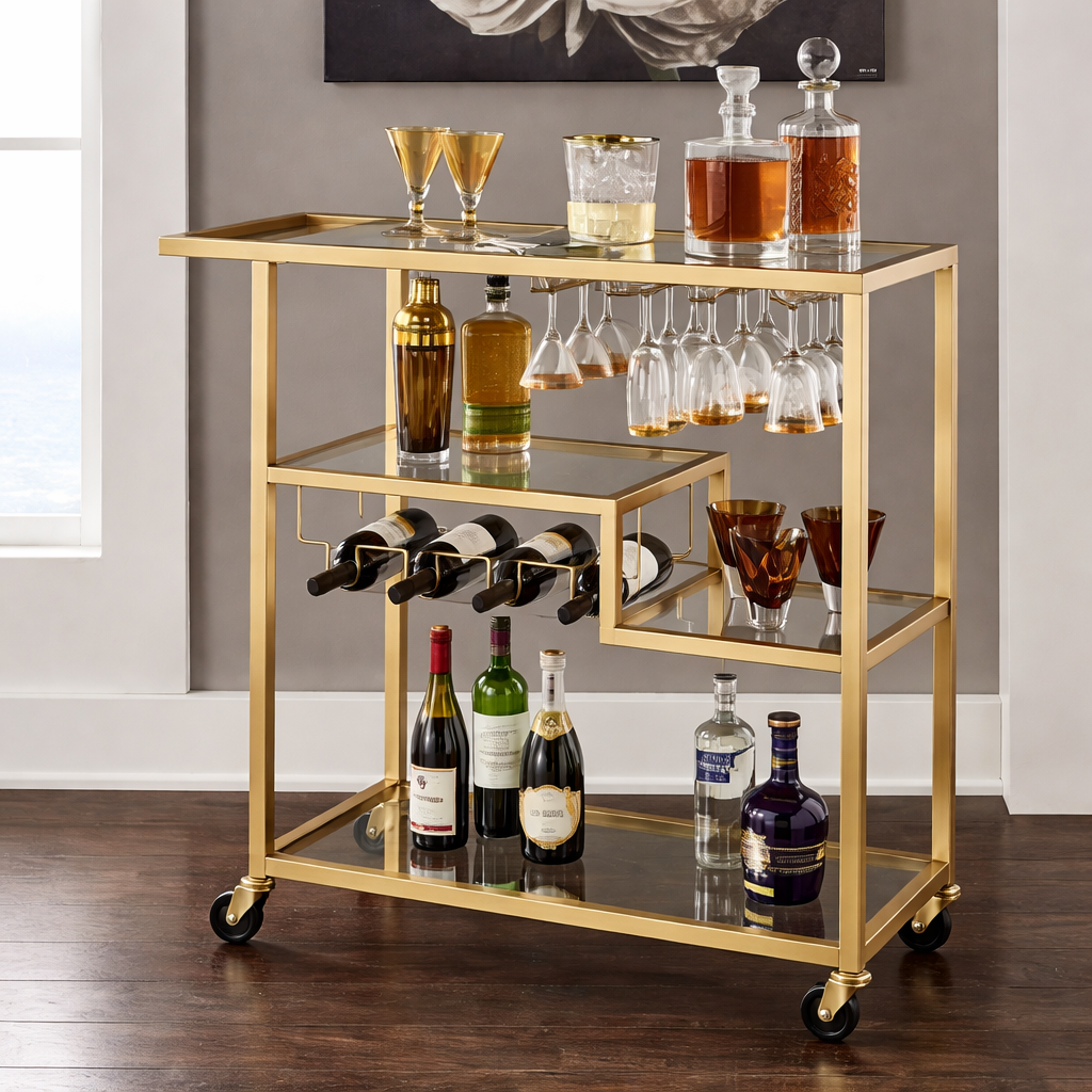 Contemporary Gold Bar Trolley with Glass Shelves & Wine Storage