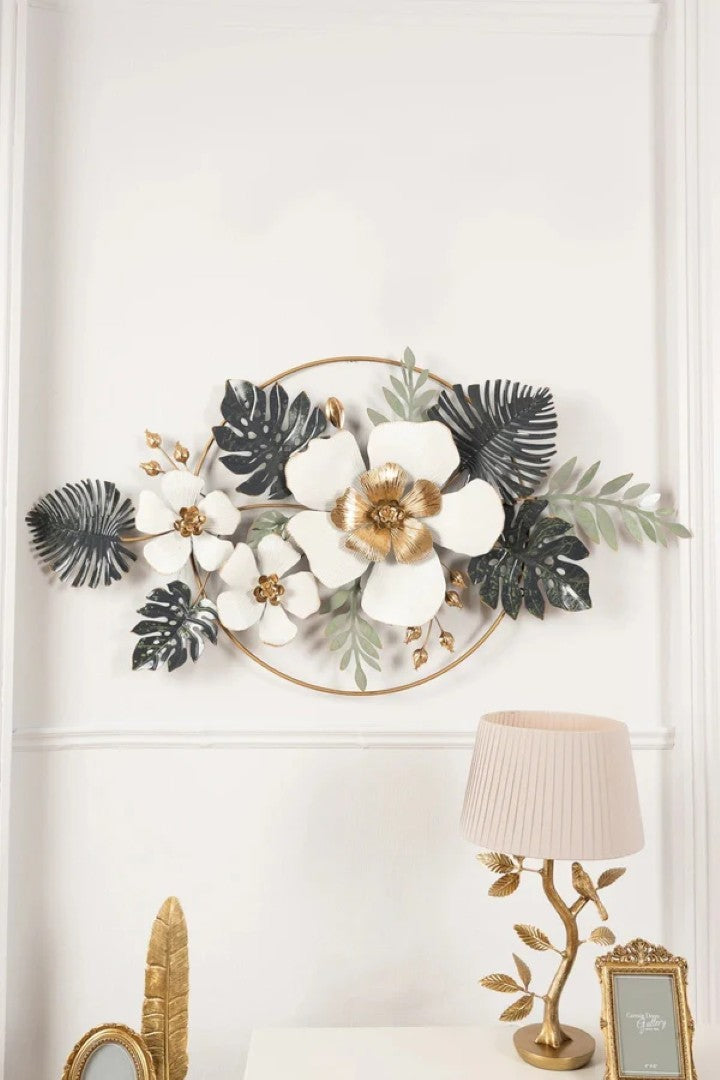 Luxury Floral Metal Wall Art – White & Gold Flowers with Tropical Leaves