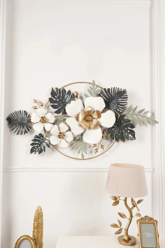 Luxury Floral Metal Wall Art – White & Gold Flowers with Tropical Leaves