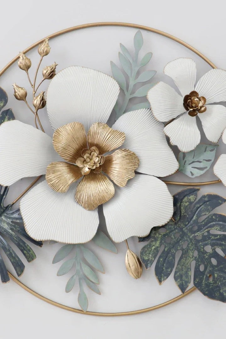 Luxury Floral Metal Wall Art – White & Gold Flowers with Tropical Leaves