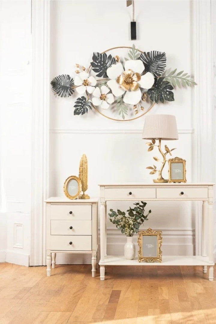 Luxury Floral Metal Wall Art – White & Gold Flowers with Tropical Leaves