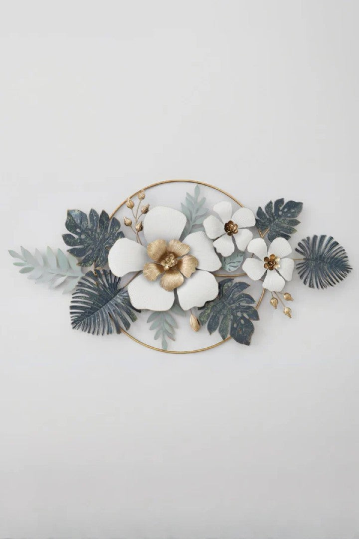 Luxury Floral Metal Wall Art – White & Gold Flowers with Tropical Leaves