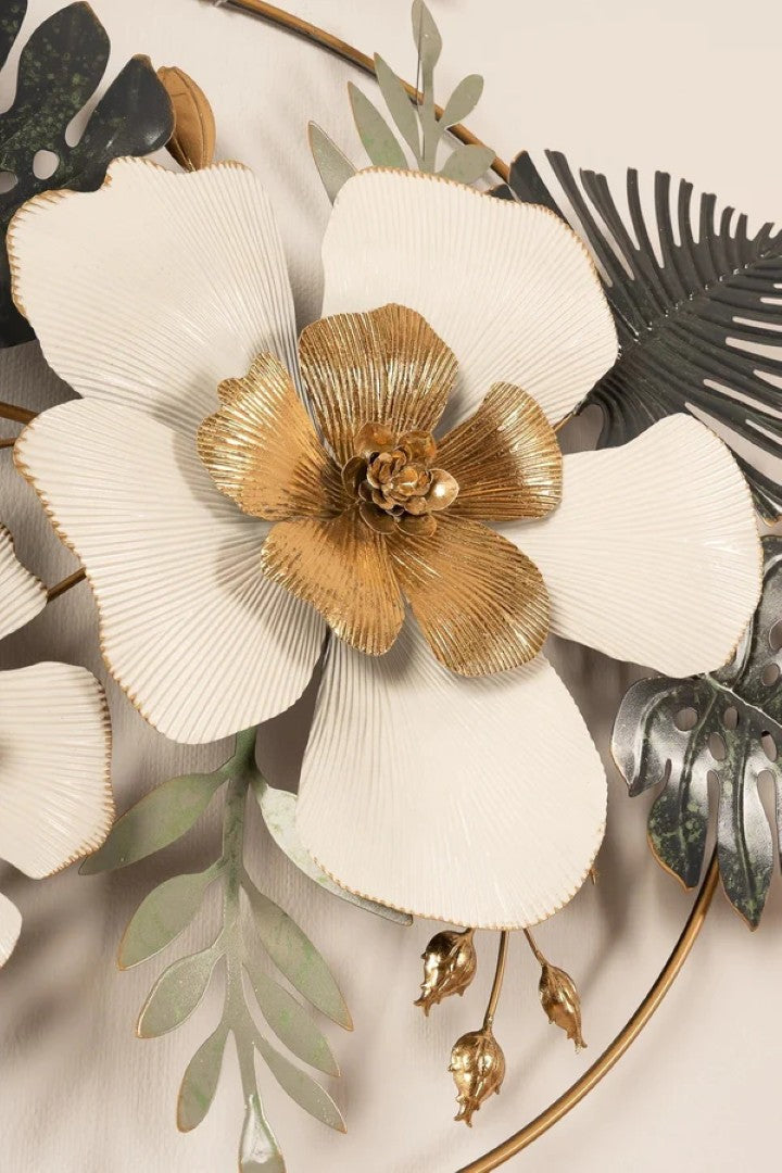 Luxury Floral Metal Wall Art – White & Gold Flowers with Tropical Leaves