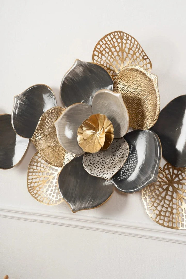 Floral Spray Metal Wall Art – Grey & Gold Finish