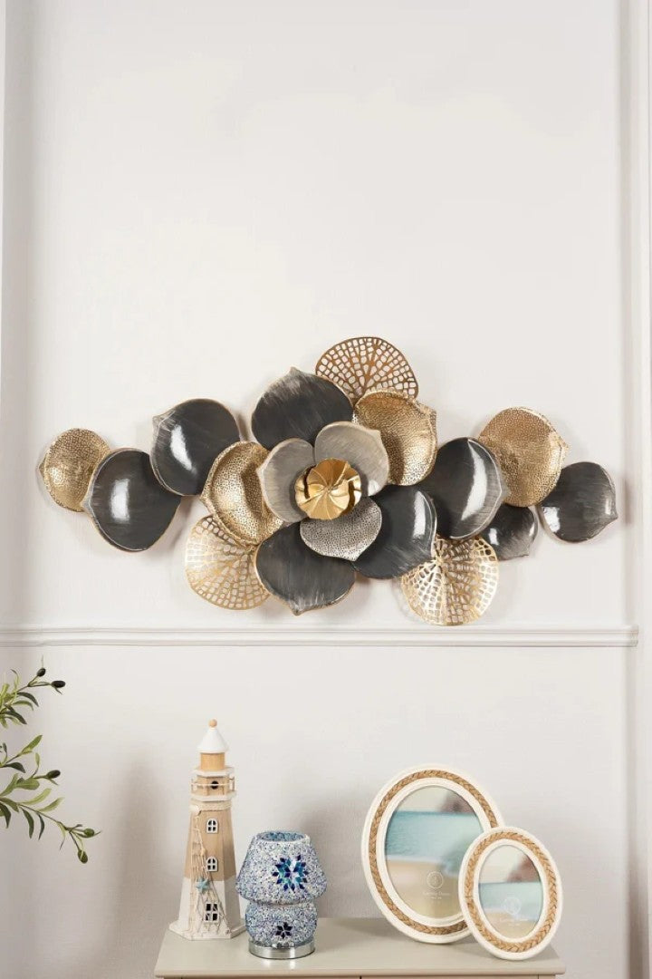 Floral Spray Metal Wall Art – Grey & Gold Finish