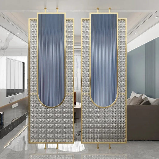 Luxury Golden Frame Ribbed & Crystal Glass Room Divider
