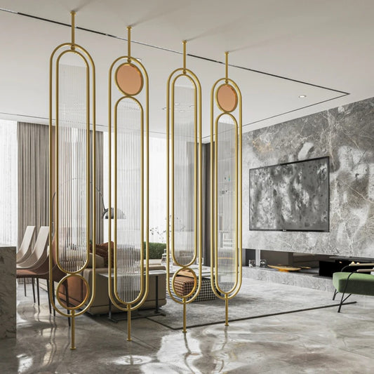 Luxury Golden Frame Geometric Room Divider with Ribbed Glass & Mirror Accents