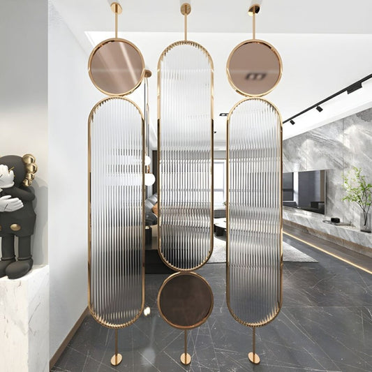 Luxury Golden Frame Room Divider with Ribbed Glass & Mirror Accents