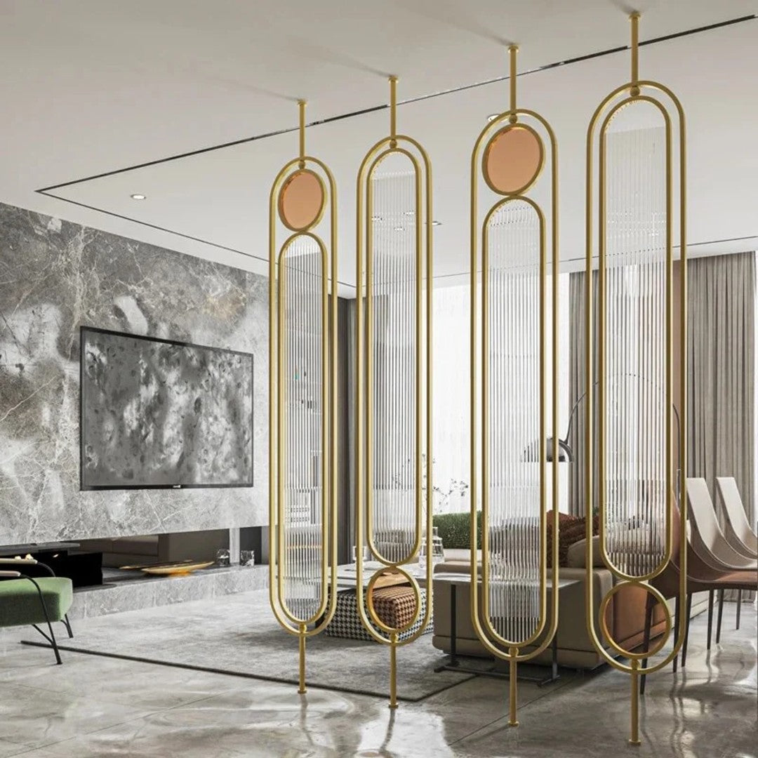 Luxury Art-Deco Partition – Gold Frame with Ribbed Glass & Circular Accents