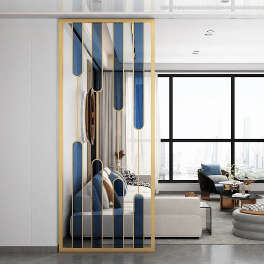 Luxury Gold Partition with Blue Glass Accents – Modern Artistic Room Divider