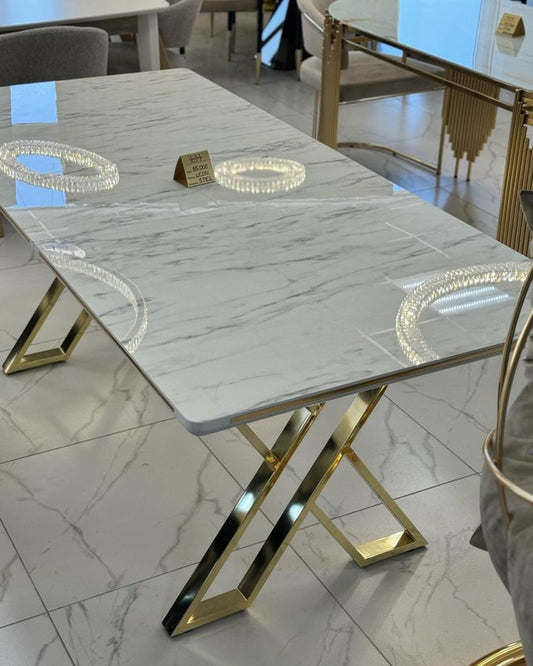 Luxury Marble Dining Table with Golden Stainless Steel Base  Modern Elegant Design