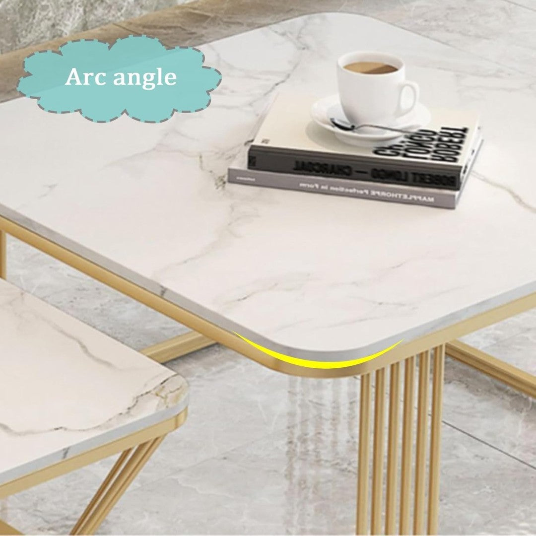 Luxury White Marble Square Coffee Table Set with Golden Frame (2 Pieces)