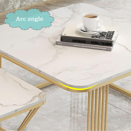 Luxury White Marble Square Coffee Table Set with Golden Frame (2 Pieces)