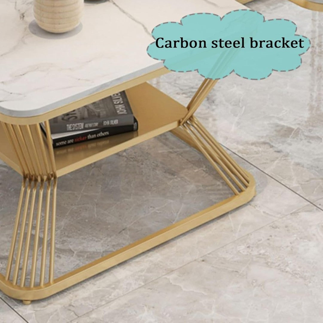 Luxury White Marble Square Coffee Table Set with Golden Frame (2 Pieces)