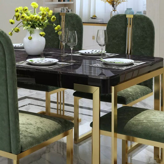 Luxury Black Marble Dining Table with Gold Base & Velvet Upholstered Chairs (6-Seater)
