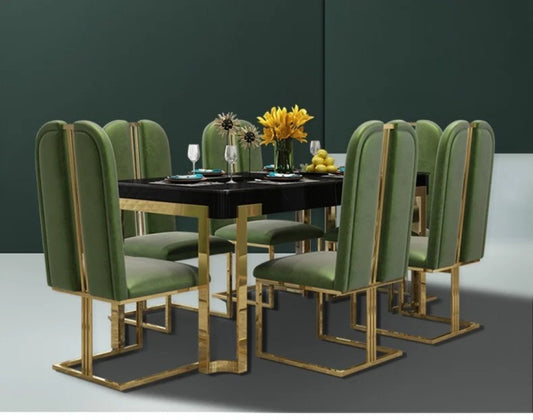 Luxury Black Marble Dining Table with Gold Base & Velvet Upholstered Chairs (6-Seater)