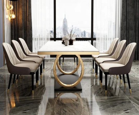 Modern Black Marble Dining Table with Golden Ring Base & Upholstered Chairs (6-Seater)