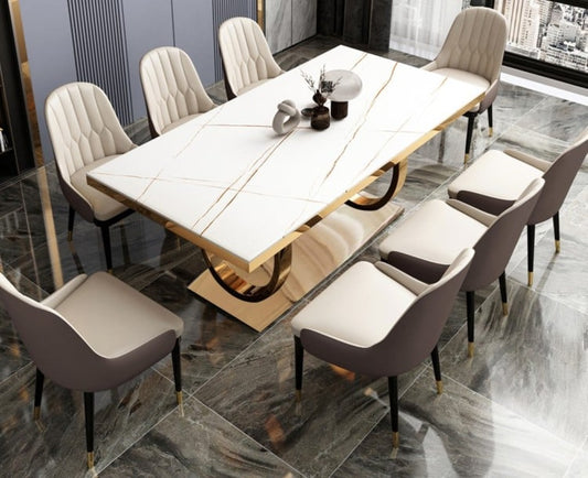 Modern Black Marble Dining Table with Golden Ring Base & Upholstered Chairs (6-Seater)