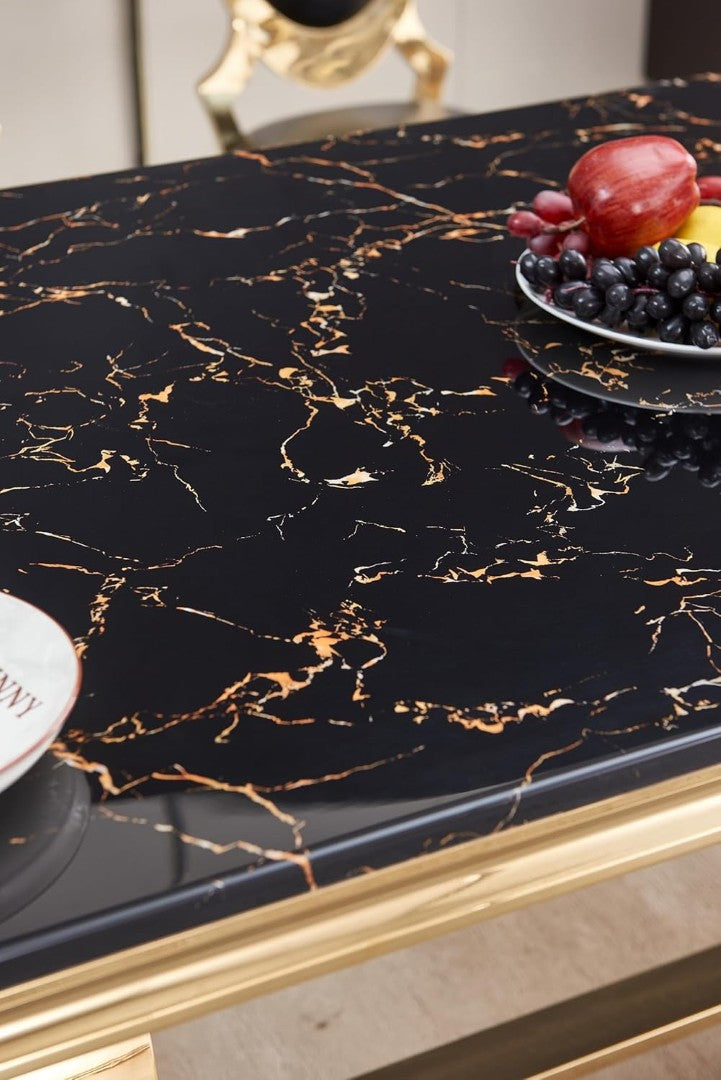 Luxury Black Marble Dining Table with Golden Stainless Steel Legs & High-Back Chairs (6-Seater)