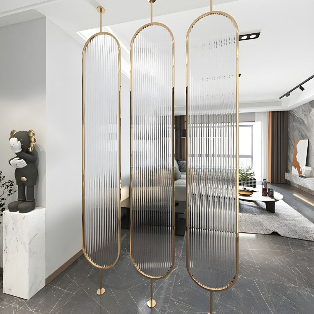 Luxury Golden Frame Room Divider with Frosted Ribbed Glass Panels