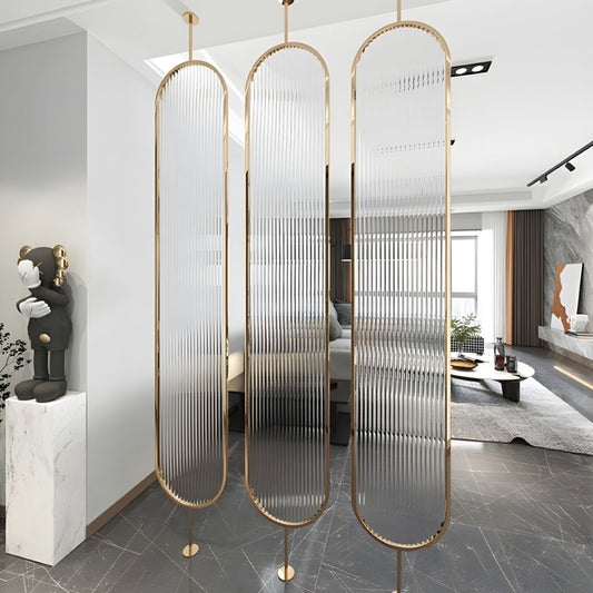 Luxury Golden Frame Room Divider with Frosted Ribbed Glass Panels
