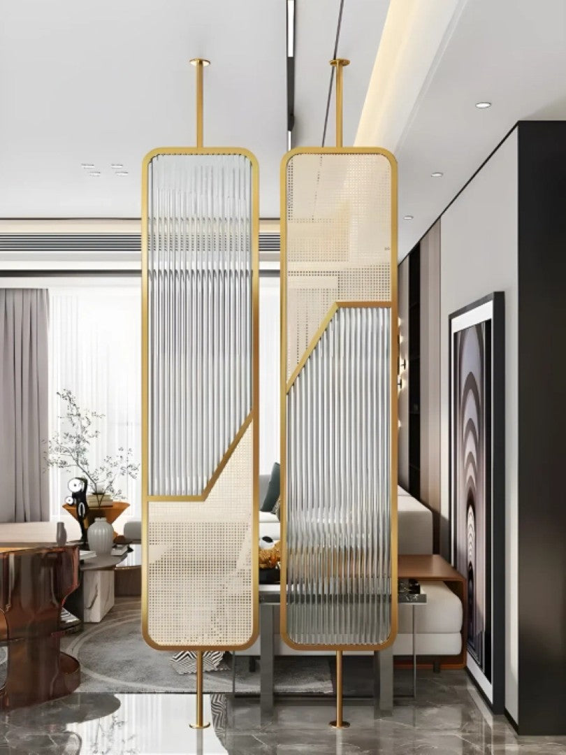 Luxury Fusion Partition – Ribbed Glass & Rattan Cane Design