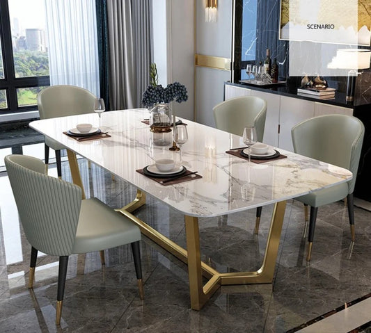 Luxury Marble Dining Table with Gold Stainless Steel Base & Upholstered Chairs