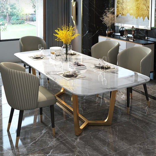 Luxury Marble Dining Table with Gold Stainless Steel Base & Upholstered Chairs