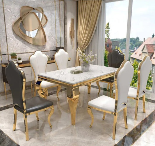 Luxury White Marble Dining Table with Golden Legs & High-Back Chairs (6-Seater)