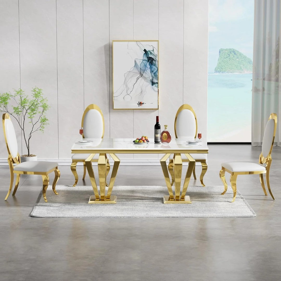 Luxury White Marble Rectangular Dining Table with Golden Stainless Steel Base & High-Back Chairs – 4 Seater