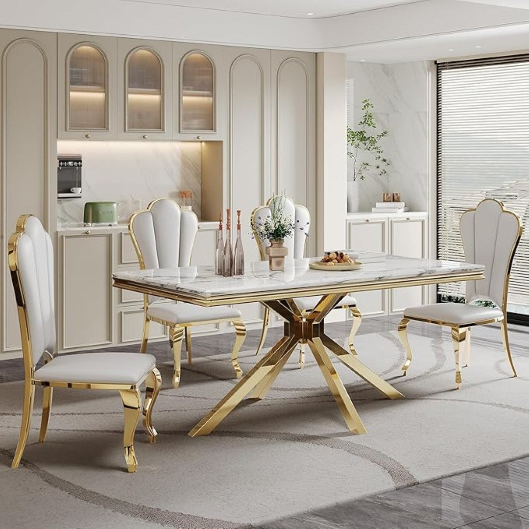 Luxury White Marble Dining Table with Golden Stainless Steel Base & High-Back Chairs