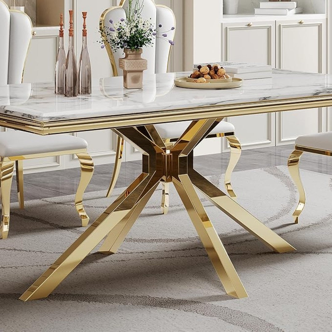 Luxury White Marble Dining Table with Golden Stainless Steel Base & High-Back Chairs
