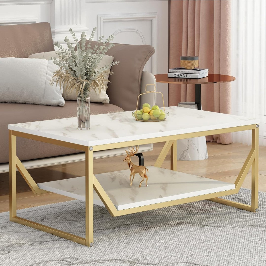 Modern White Marble Rectangular Coffee Table with Golden Frame & Shelf