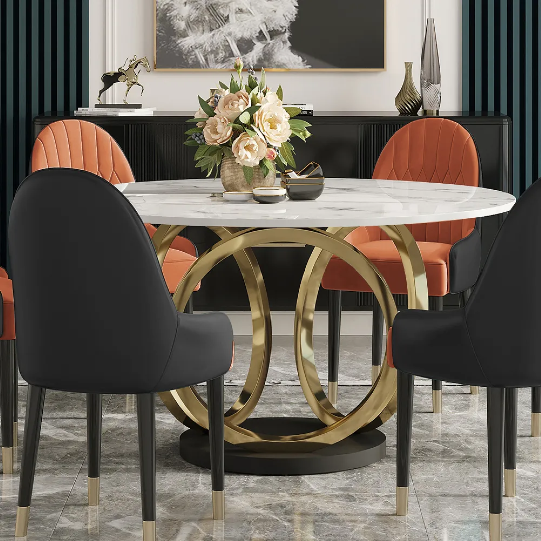 Modern Round White Marble Dining Table with Golden Base & Dual-Tone Upholstered Chairs – 6 Seater